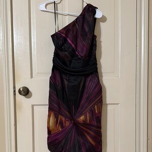 Worthington Asymmetrical Ruched Cocktail Dress in Purple and Black